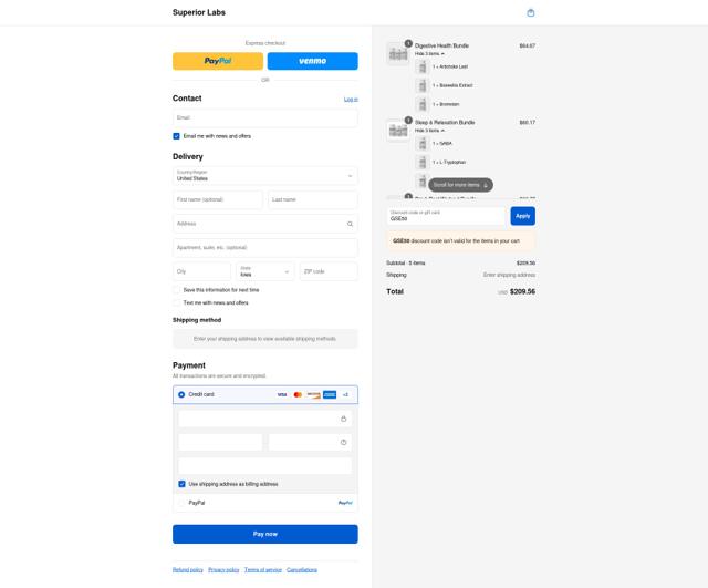 Superior Labs checkout page showing Superior Labs coupon code box | Screenshot taken by SimplyCodes community member on Sep 7, 2025