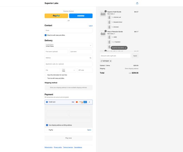Superior Labs checkout page showing Superior Labs coupon code box | Screenshot taken by SimplyCodes community member on Sep 7, 2025