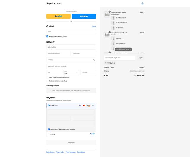 Superior Labs checkout page showing Superior Labs coupon code box | Screenshot taken by SimplyCodes community member on Sep 11, 2025