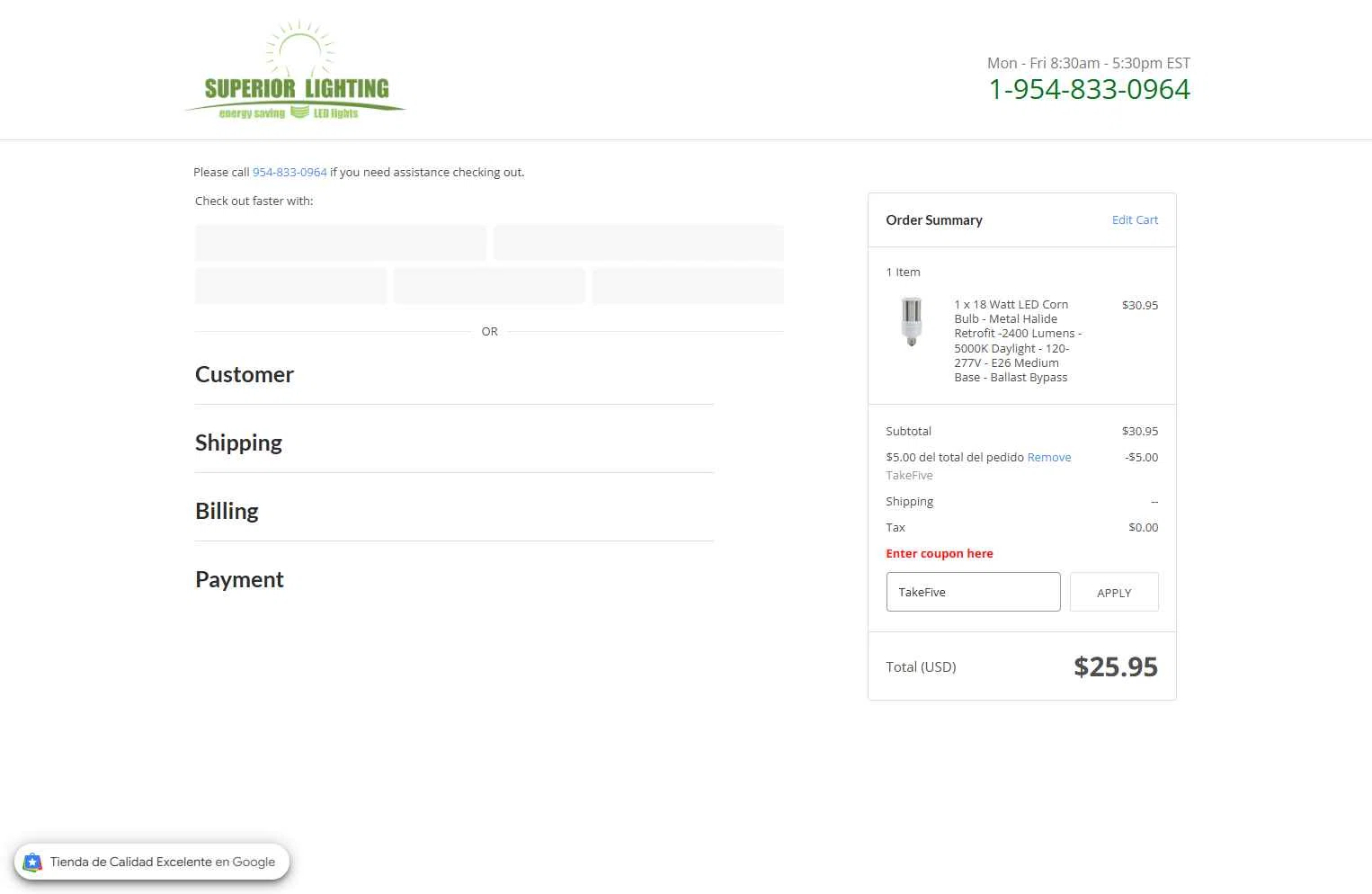 Superior lighting checkout page showing Superior lighting coupon code box | Screenshot taken by SimplyCodes community member on Dec 12, 2025