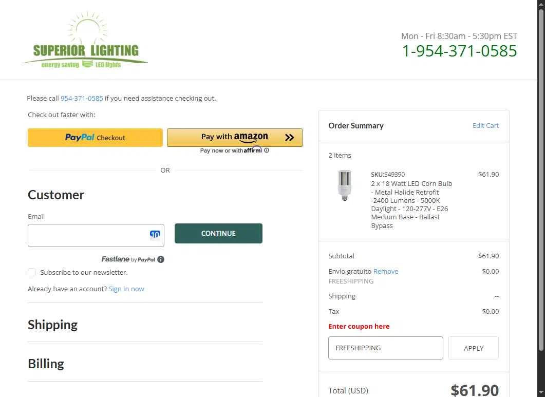 Superior lighting checkout page showing Superior lighting coupon code box | Screenshot taken by SimplyCodes community member on Sep 16, 2025