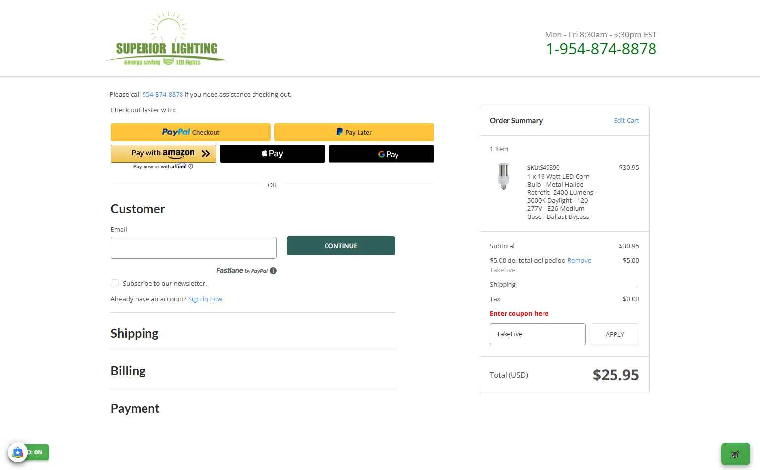 Superior lighting checkout page showing Superior lighting coupon code box | Screenshot taken by SimplyCodes community member on Sep 16, 2025