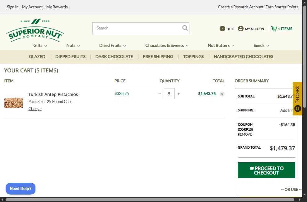 Superior Nut Store checkout page showing Superior Nut Store coupon code box | Screenshot taken by SimplyCodes community member on Dec 15, 2025