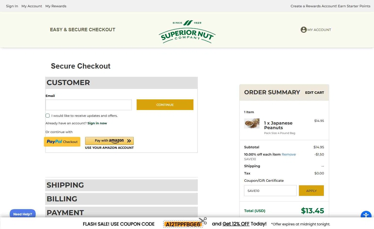 Superior Nut Store checkout page showing Superior Nut Store coupon code box | Screenshot taken by SimplyCodes community member on Dec 4, 2025
