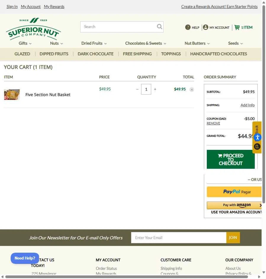 Superior Nut Store checkout page showing Superior Nut Store coupon code box | Screenshot taken by SimplyCodes community member on Nov 27, 2025