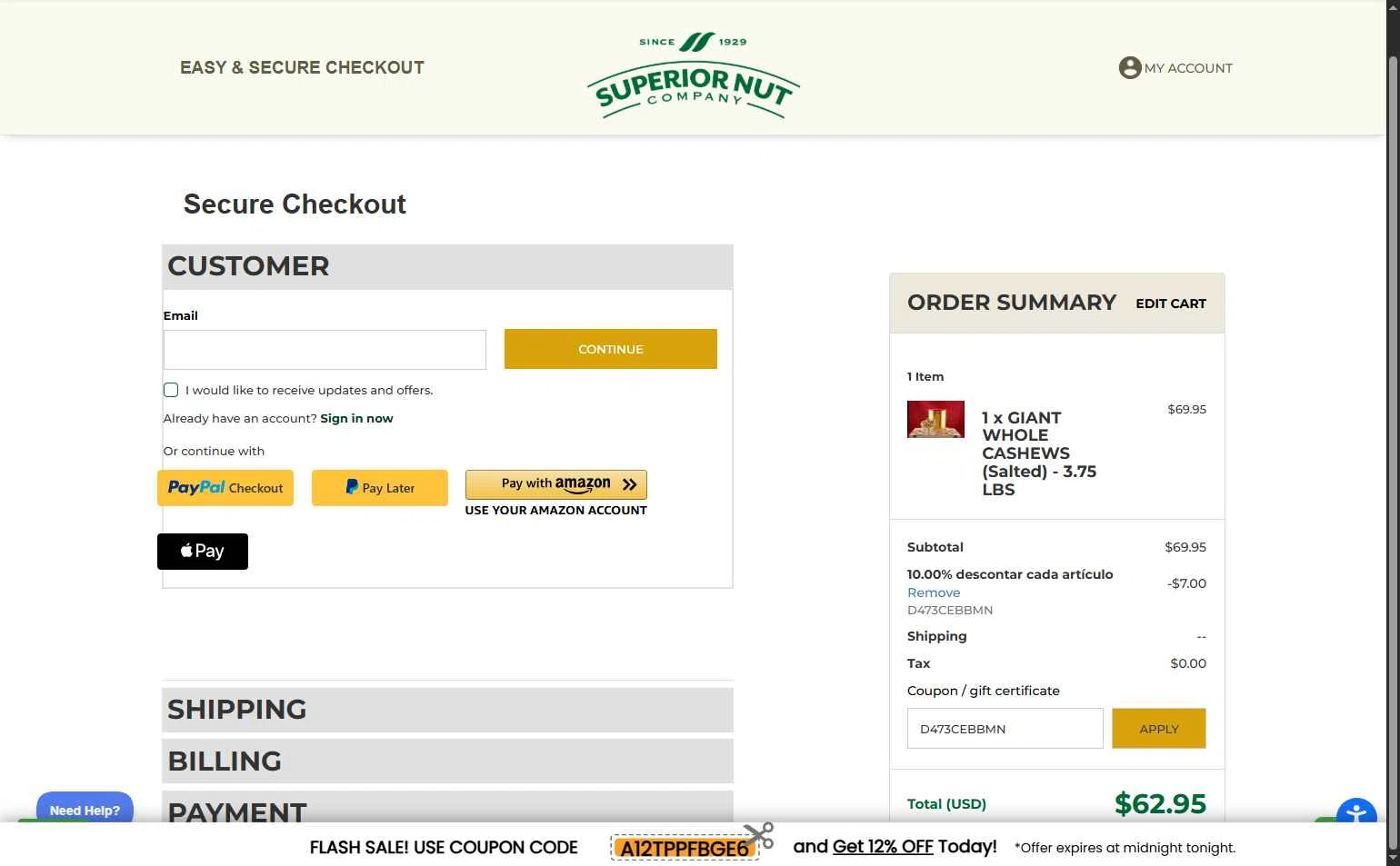 Superior Nut Store checkout page showing Superior Nut Store coupon code box | Screenshot taken by SimplyCodes community member on Dec 25, 2025