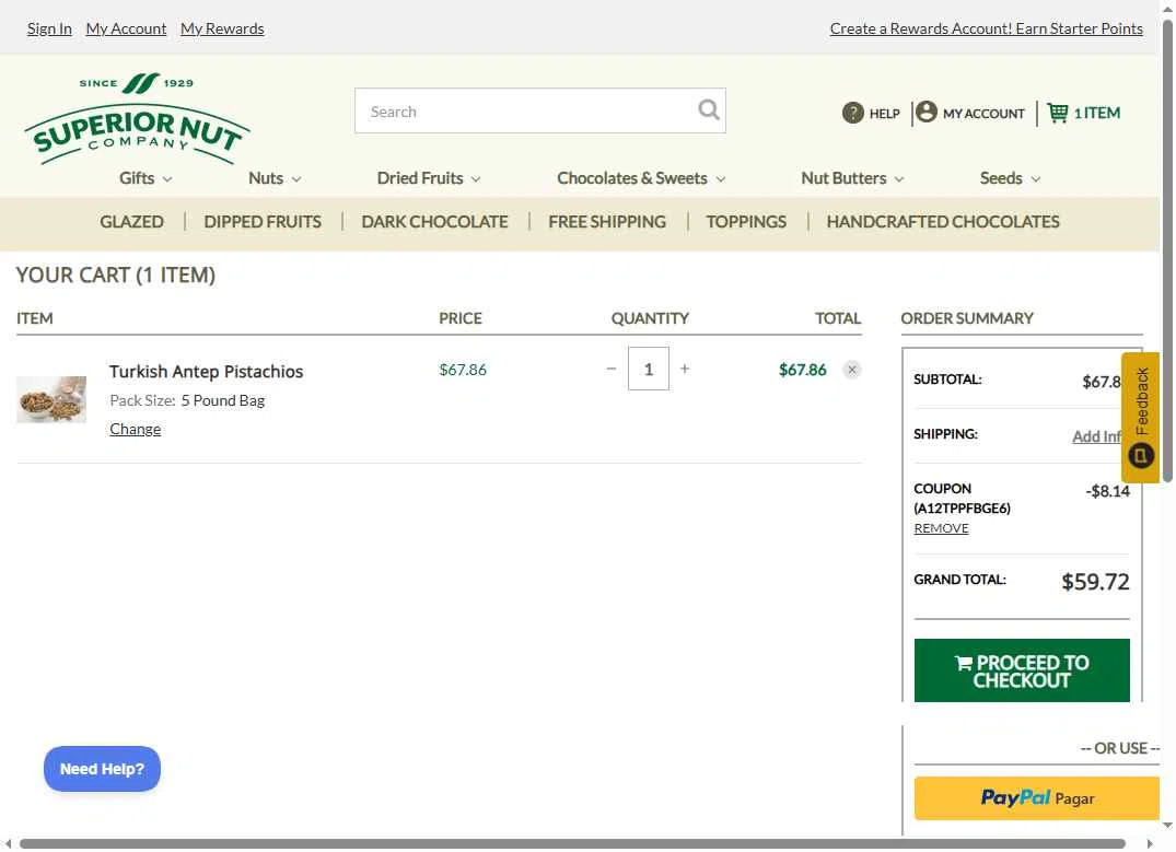 Superior Nut Store checkout page showing Superior Nut Store coupon code box | Screenshot taken by SimplyCodes community member on Dec 11, 2025