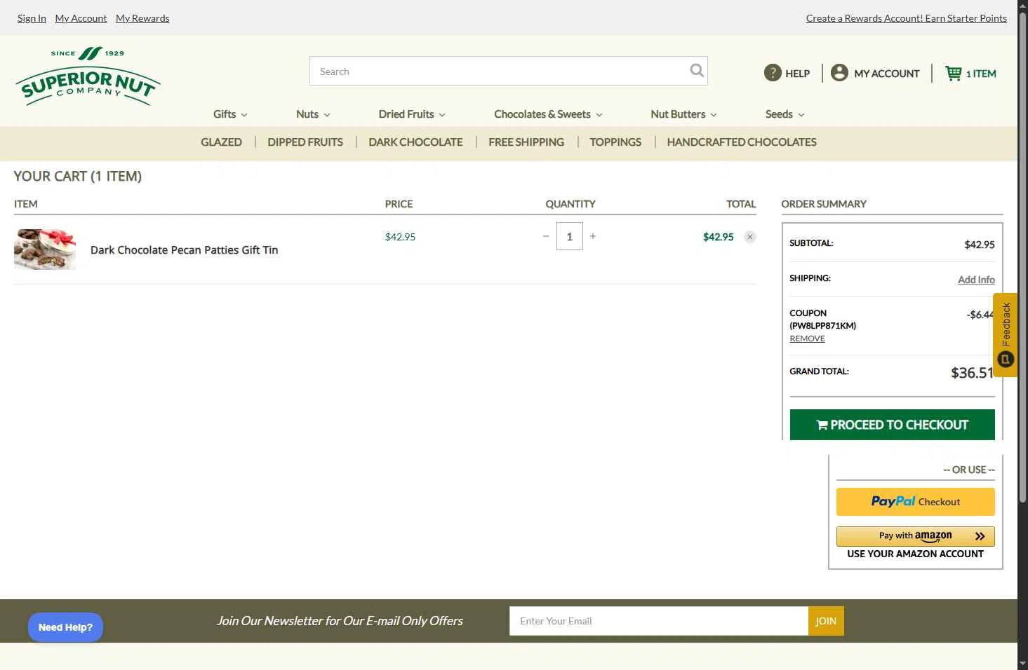 Superior Nut Store checkout page showing Superior Nut Store coupon code box | Screenshot taken by SimplyCodes community member on Jan 5, 2026