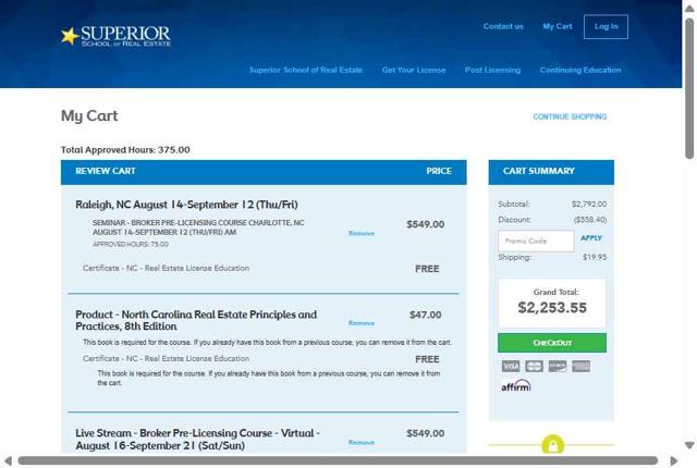 Superior School of Real Estate checkout page showing Superior School of Real Estate promo code box | Screenshot taken by SimplyCodes community member on Aug 5, 2025
