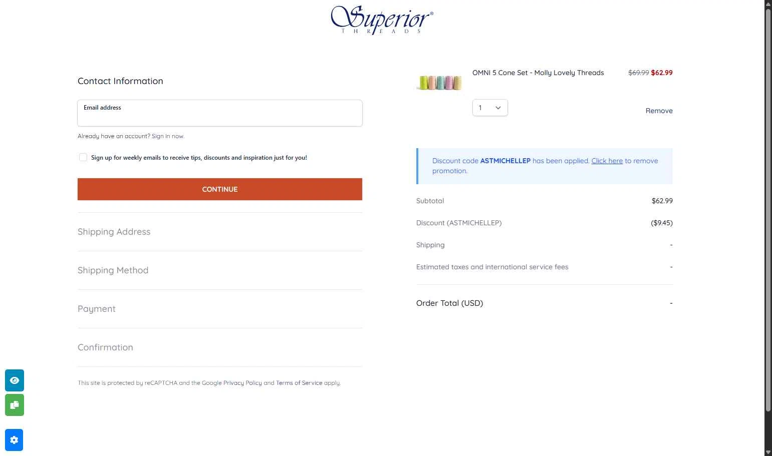 Superior Threads checkout page showing Superior Threads promo code box | Screenshot taken by SimplyCodes community member on Nov 20, 2025