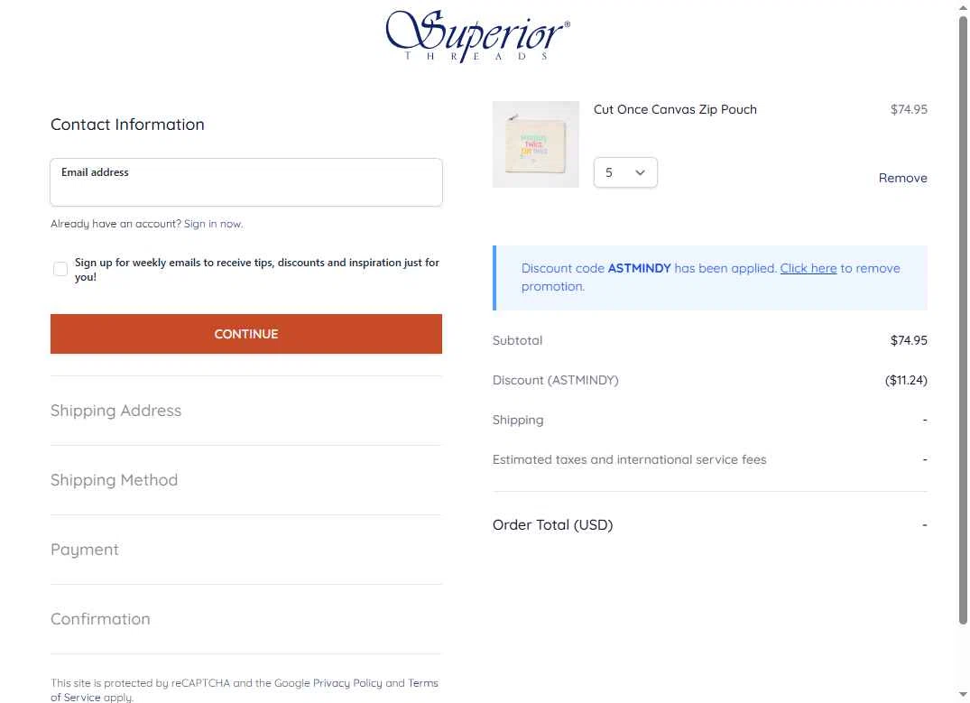 Superior Threads checkout page showing Superior Threads promo code box | Screenshot taken by SimplyCodes community member on Dec 19, 2025