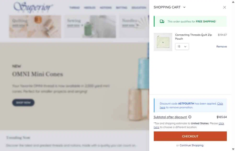 Superior Threads checkout page showing Superior Threads promo code box | Screenshot taken by SimplyCodes community member on Dec 19, 2025