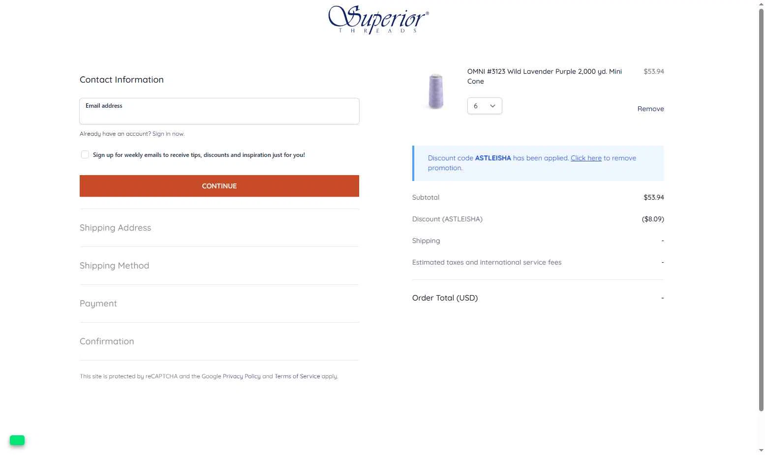 Superior Threads checkout page showing Superior Threads promo code box | Screenshot taken by SimplyCodes community member on Dec 19, 2025