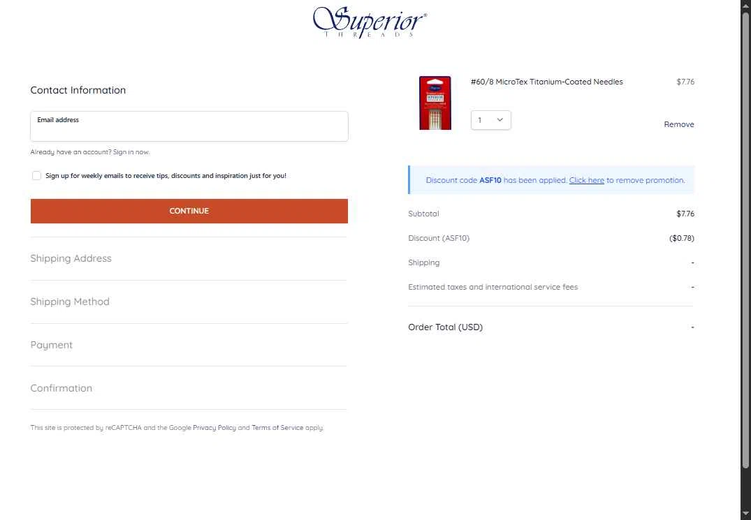 Superior Threads checkout page showing Superior Threads promo code box | Screenshot taken by SimplyCodes community member on Nov 22, 2025