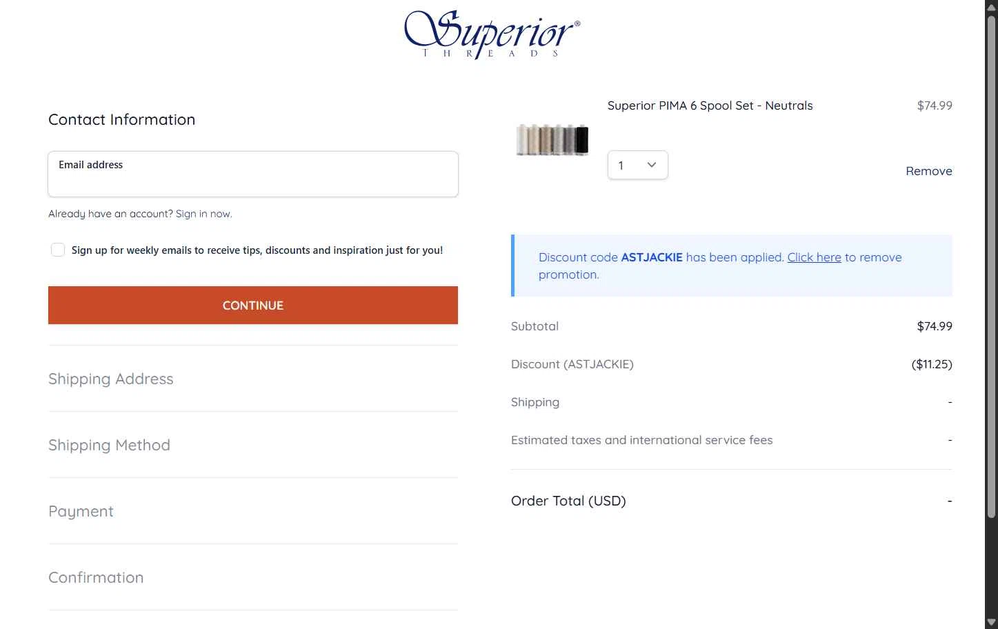 Superior Threads checkout page showing Superior Threads promo code box | Screenshot taken by SimplyCodes community member on Dec 19, 2025