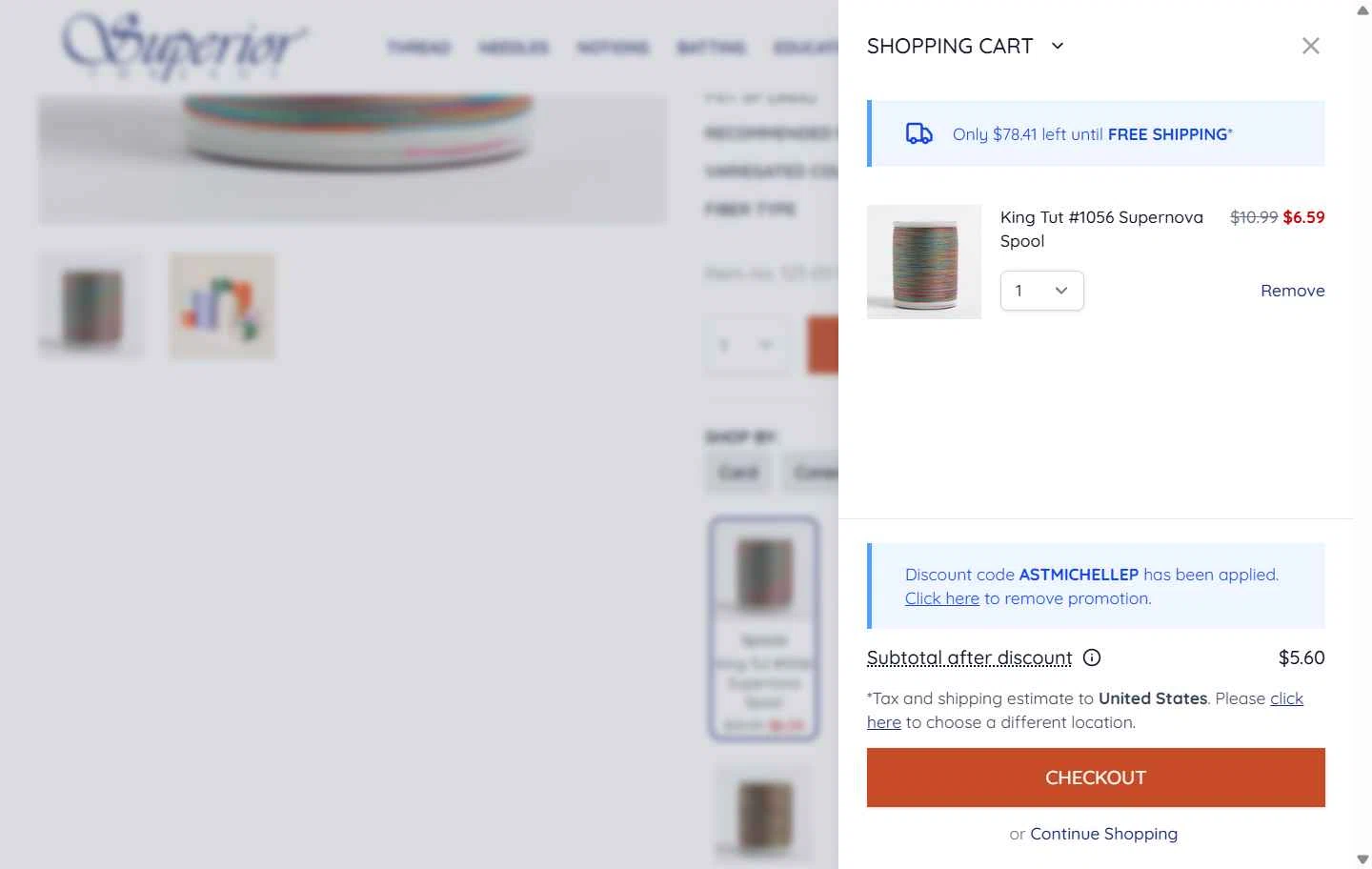 Superior Threads checkout page showing Superior Threads promo code box | Screenshot taken by SimplyCodes community member on Dec 19, 2025