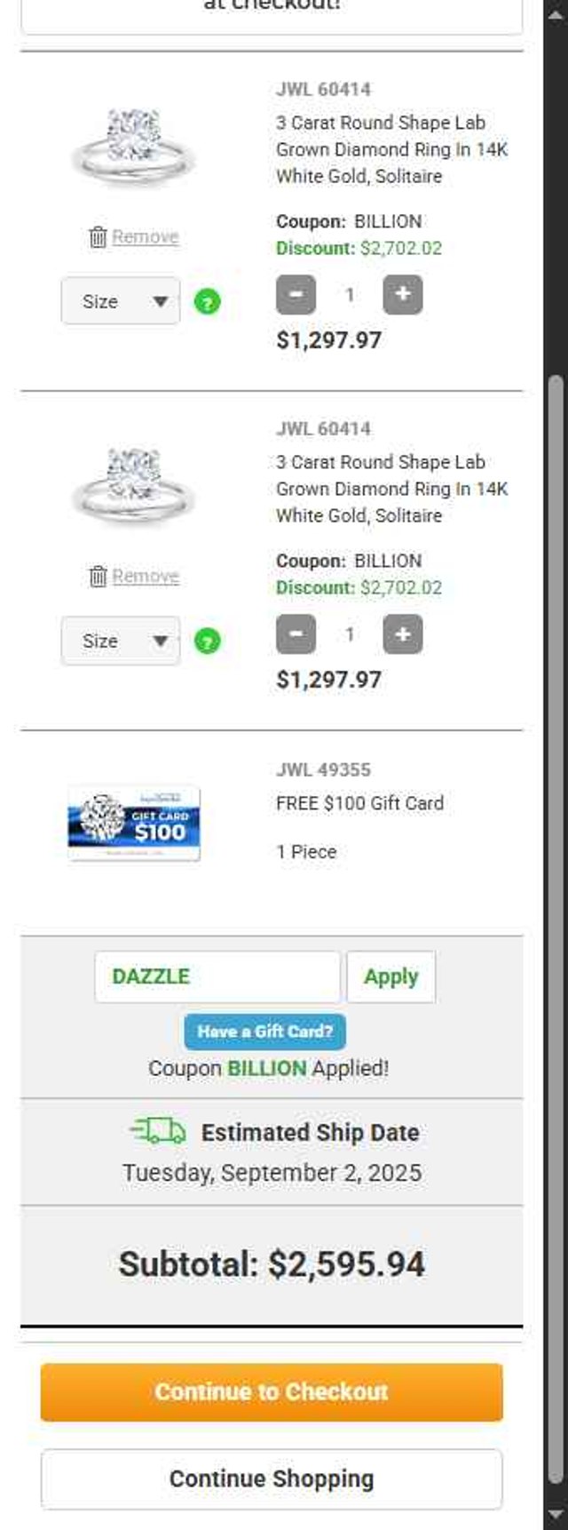 SuperJeweler checkout page showing SuperJeweler promo code box | Screenshot taken by SimplyCodes community member on Aug 28, 2025