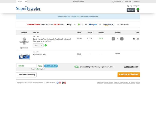 SuperJeweler checkout page showing SuperJeweler promo code box | Screenshot taken by SimplyCodes community member on Aug 28, 2025