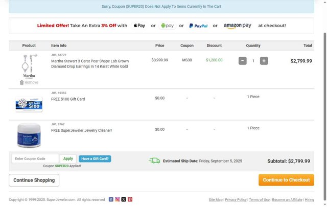 SuperJeweler checkout page showing SuperJeweler promo code box | Screenshot taken by SimplyCodes community member on Sep 1, 2025