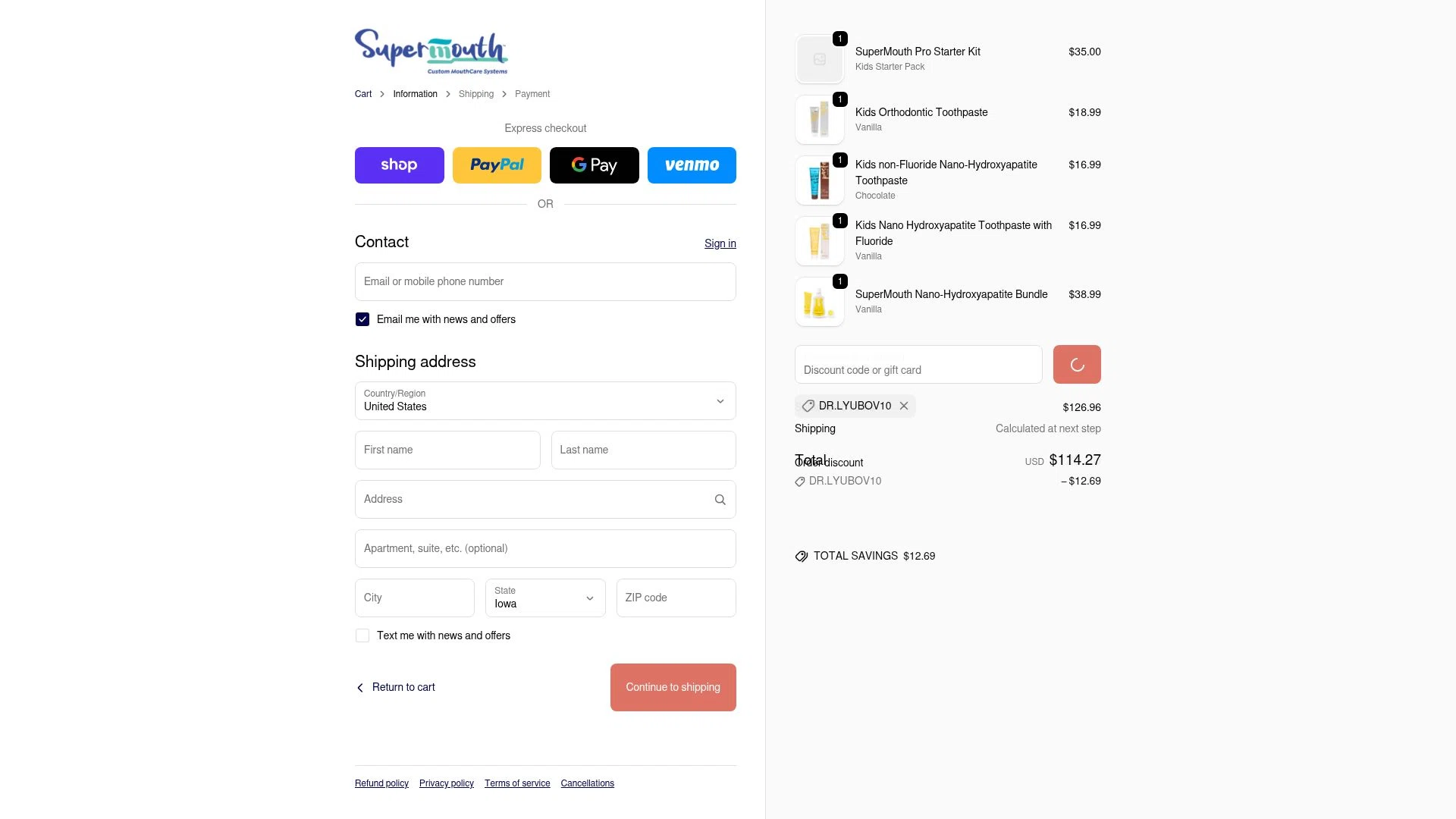 SuperMouth checkout page showing SuperMouth discount code box | Screenshot taken by SimplyCodes community member on Jan 8, 2026