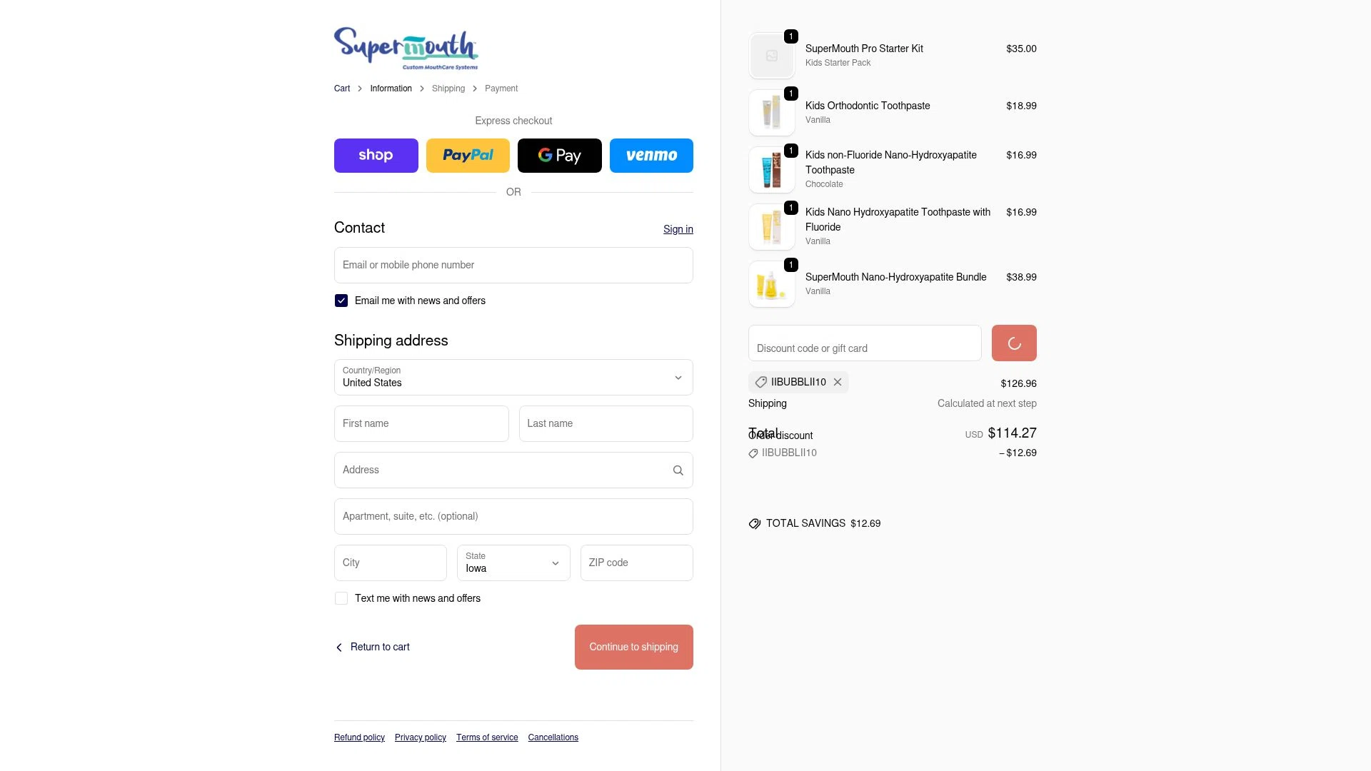 SuperMouth checkout page showing SuperMouth discount code box | Screenshot taken by SimplyCodes community member on Jan 8, 2026