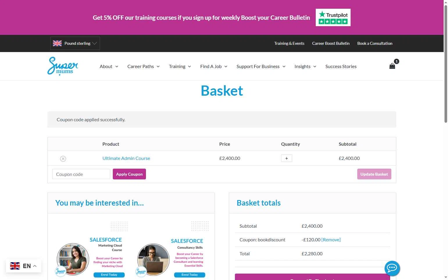 Supermums checkout page showing Supermums promo code box | Screenshot taken by SimplyCodes community member on Oct 5, 2025
