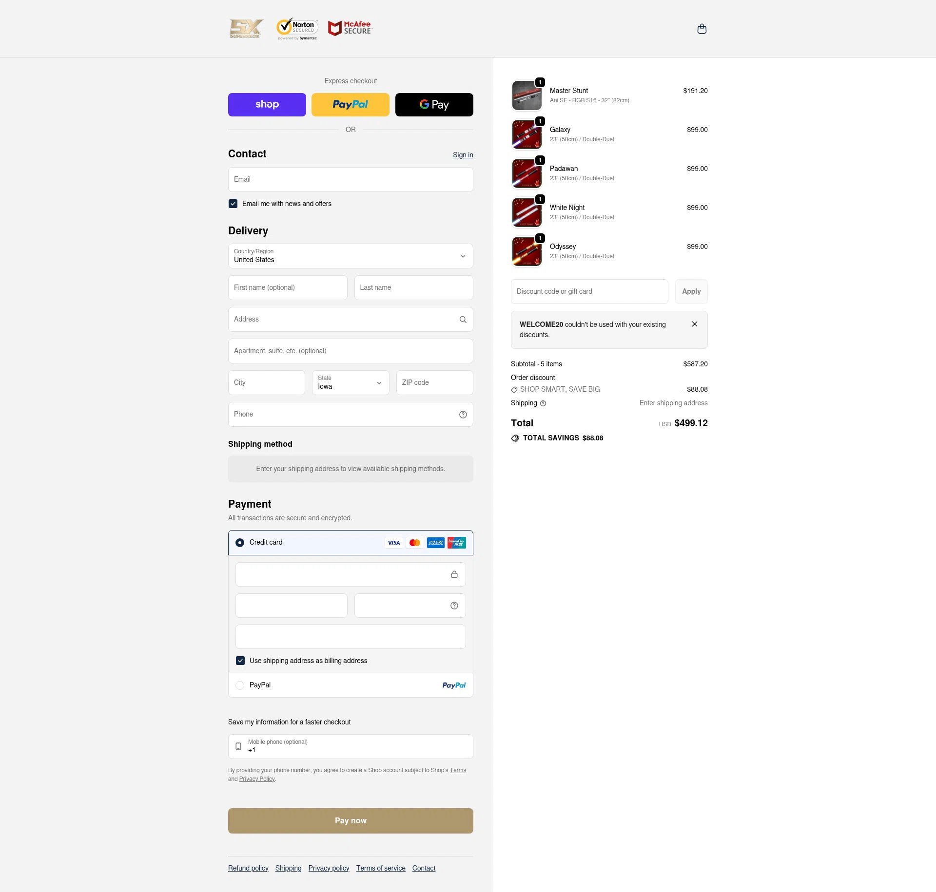 Superneox Lightsabers checkout page showing Superneox Lightsabers promo code box | Screenshot taken by SimplyCodes community member on Feb 6, 2026