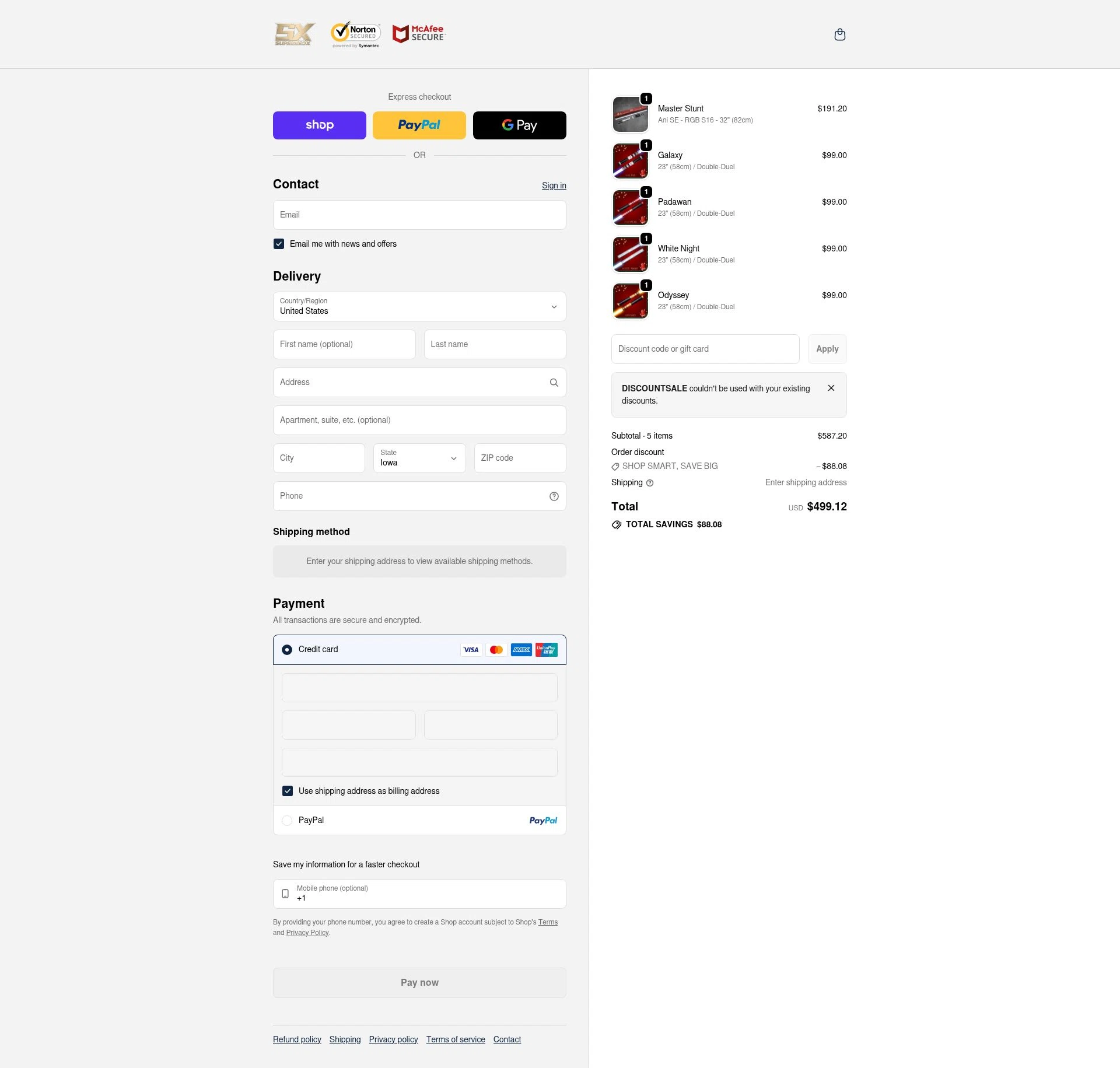 Superneox Lightsabers checkout page showing Superneox Lightsabers promo code box | Screenshot taken by SimplyCodes community member on Feb 6, 2026