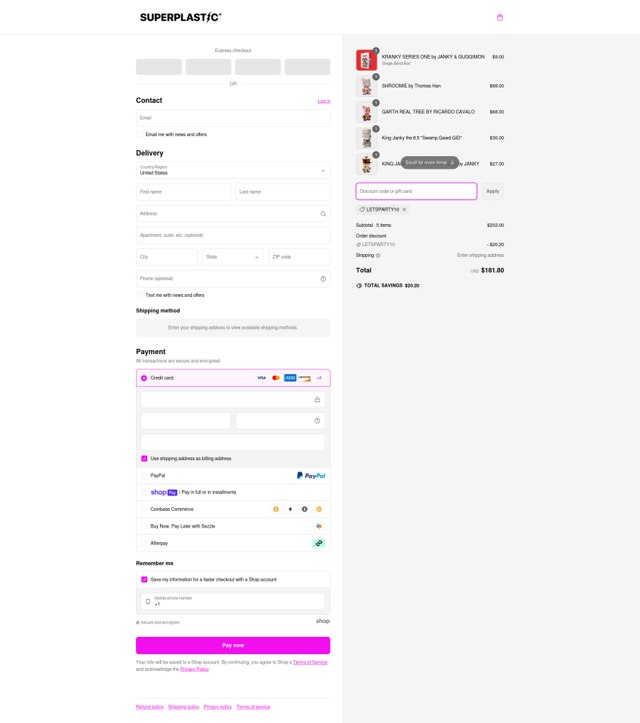 Superplastic checkout page showing Superplastic discount code box | Screenshot taken by SimplyCodes community member on Mar 9, 2025