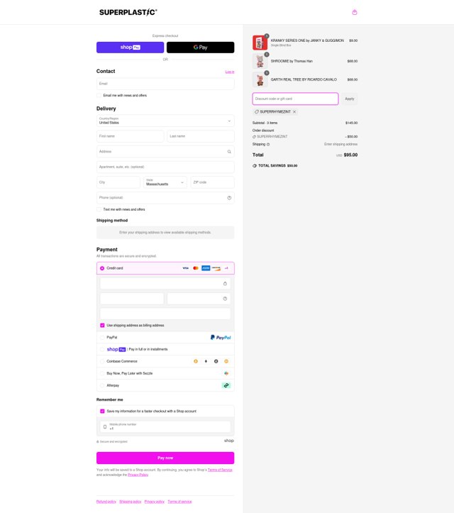 Superplastic checkout page showing Superplastic discount code box | Screenshot taken by SimplyCodes community member on Mar 31, 2025