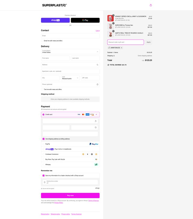 Superplastic checkout page showing Superplastic discount code box | Screenshot taken by SimplyCodes community member on Mar 31, 2025