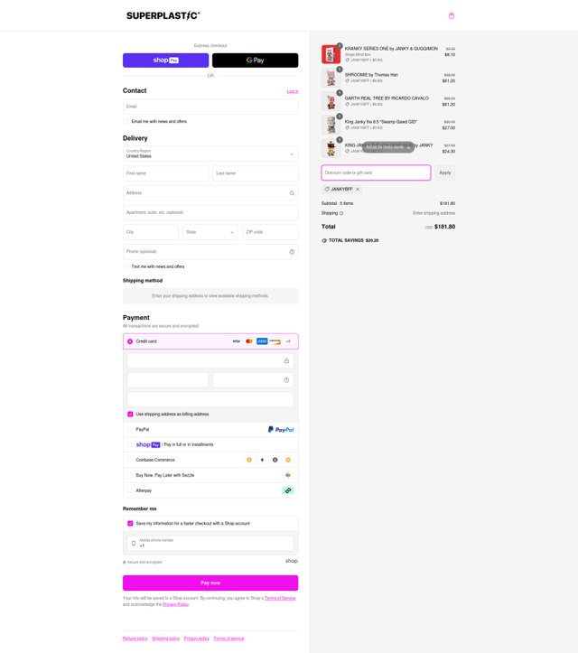 Superplastic checkout page showing Superplastic discount code box | Screenshot taken by SimplyCodes community member on Mar 9, 2025