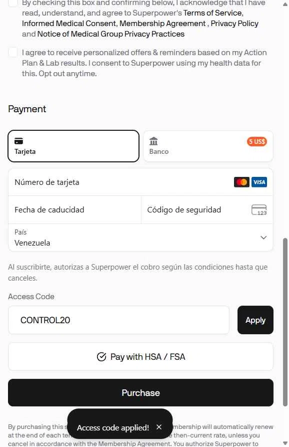 Superpower checkout page showing Superpower promo code box | Screenshot taken by SimplyCodes community member on Dec 13, 2025