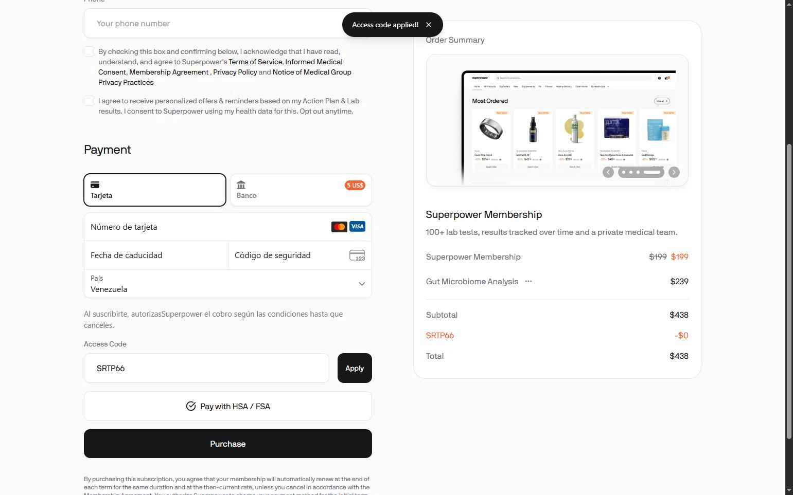 Superpower checkout page showing Superpower promo code box | Screenshot taken by SimplyCodes community member on Nov 12, 2025