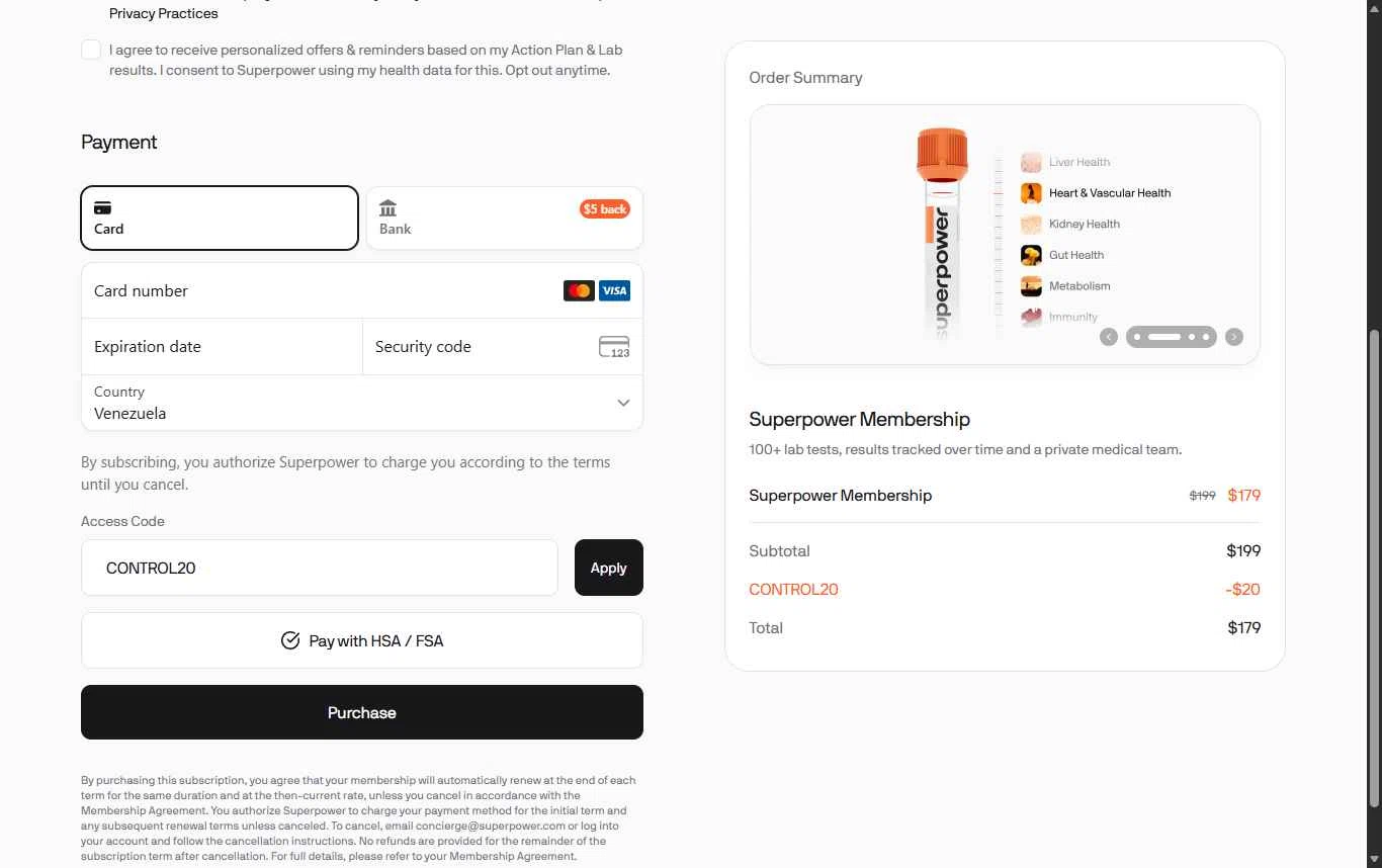 Superpower checkout page showing Superpower promo code box | Screenshot taken by SimplyCodes community member on Dec 21, 2025