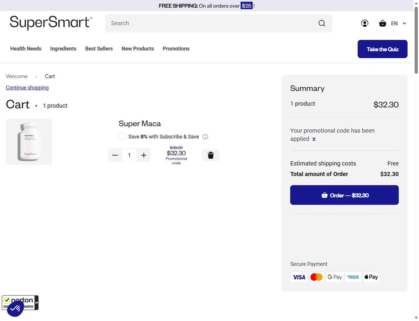 Supersmart US checkout page showing Supersmart US promo code box | Screenshot taken by SimplyCodes community member on Dec 25, 2025
