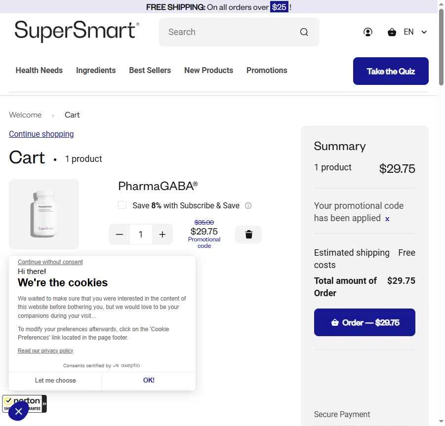 Supersmart US checkout page showing Supersmart US promo code box | Screenshot taken by SimplyCodes community member on Jan 6, 2026
