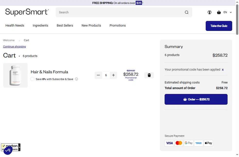 Supersmart US checkout page showing Supersmart US promo code box | Screenshot taken by SimplyCodes community member on Dec 31, 2025