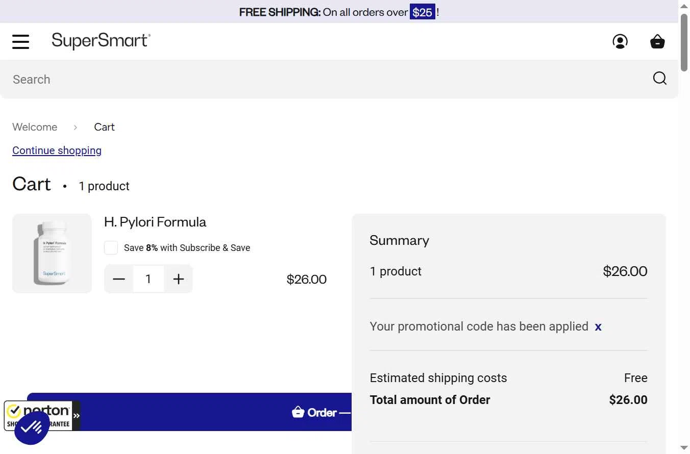 Supersmart US checkout page showing Supersmart US promo code box | Screenshot taken by SimplyCodes community member on Jan 4, 2026