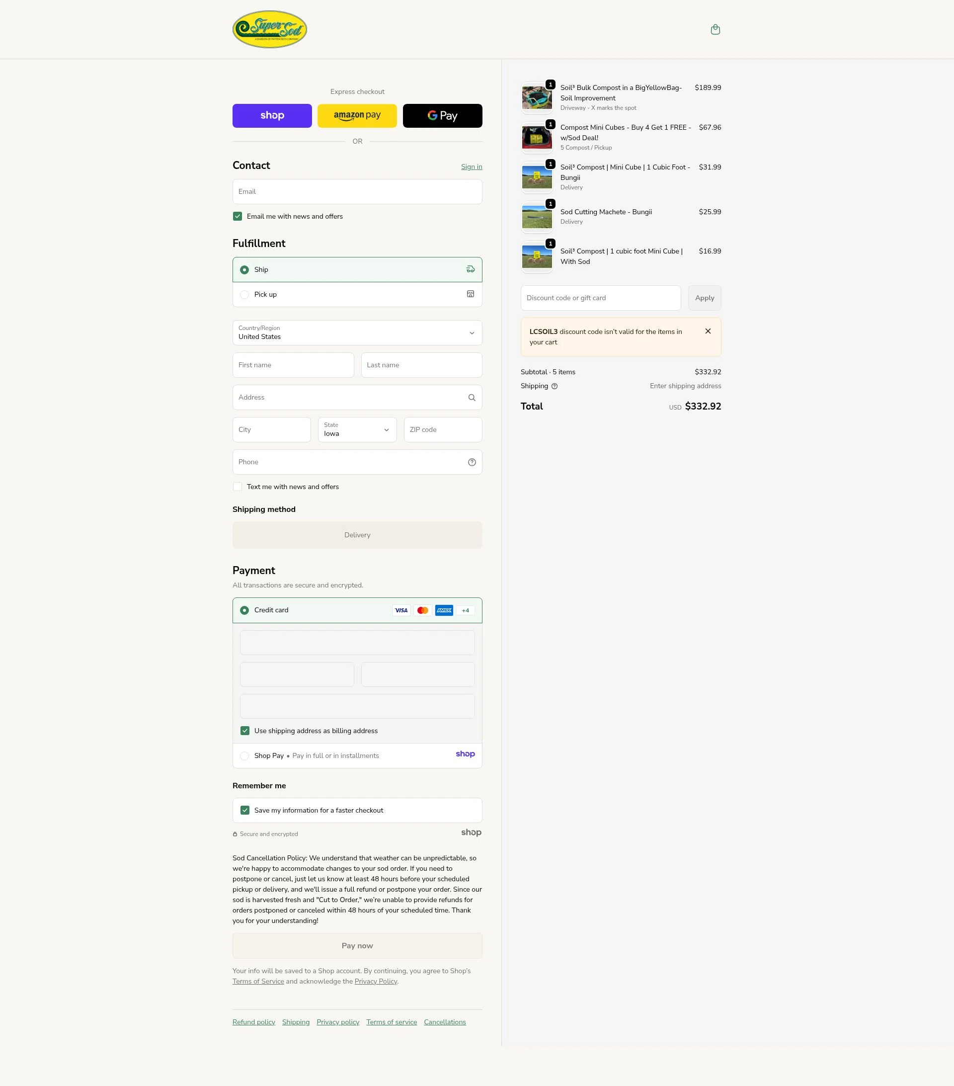 Super-Sod checkout page showing Super-Sod discount code box | Screenshot taken by SimplyCodes community member on Jan 18, 2026