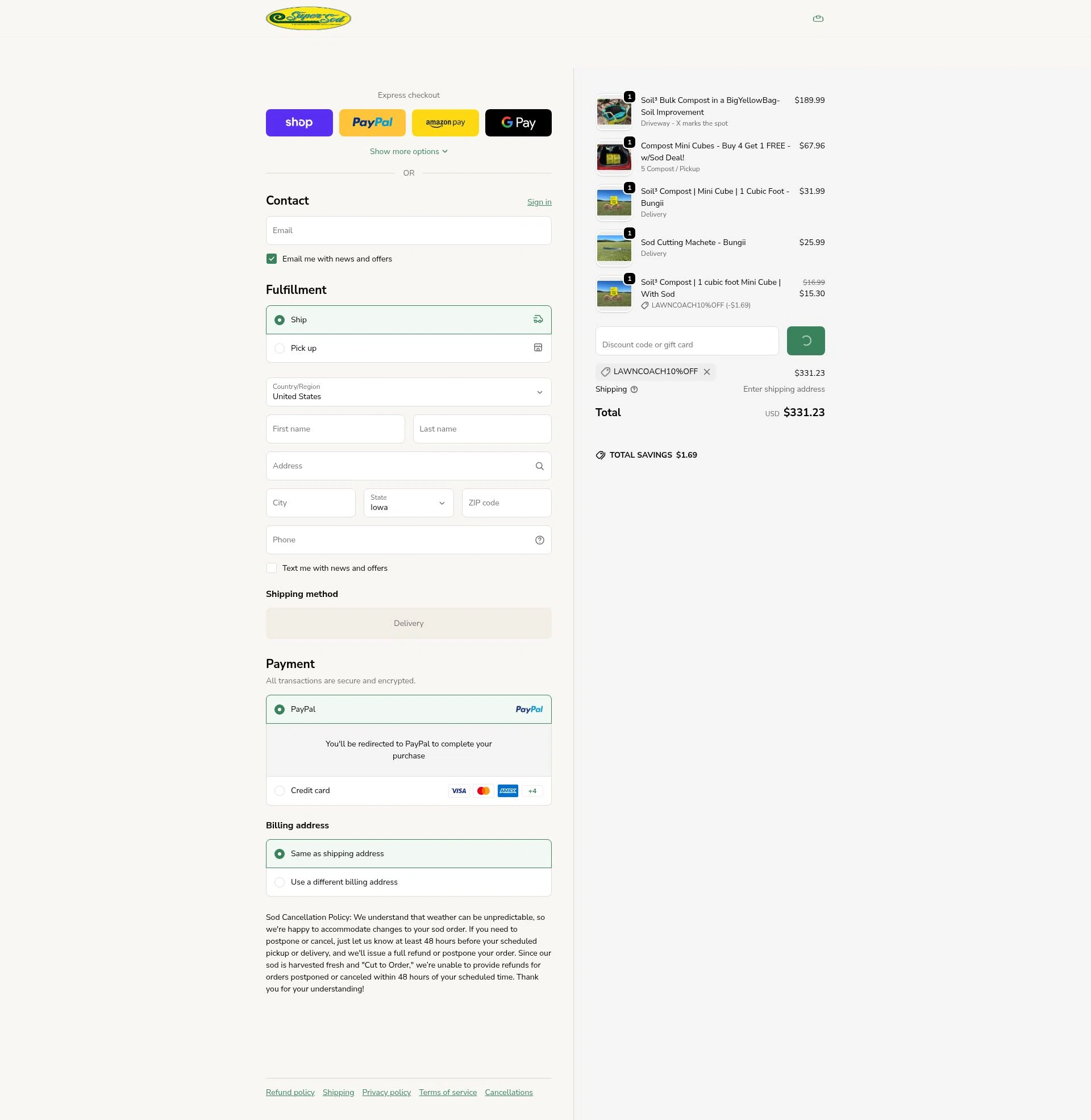 Super-Sod checkout page showing Super-Sod discount code box | Screenshot taken by SimplyCodes community member on Feb 5, 2026