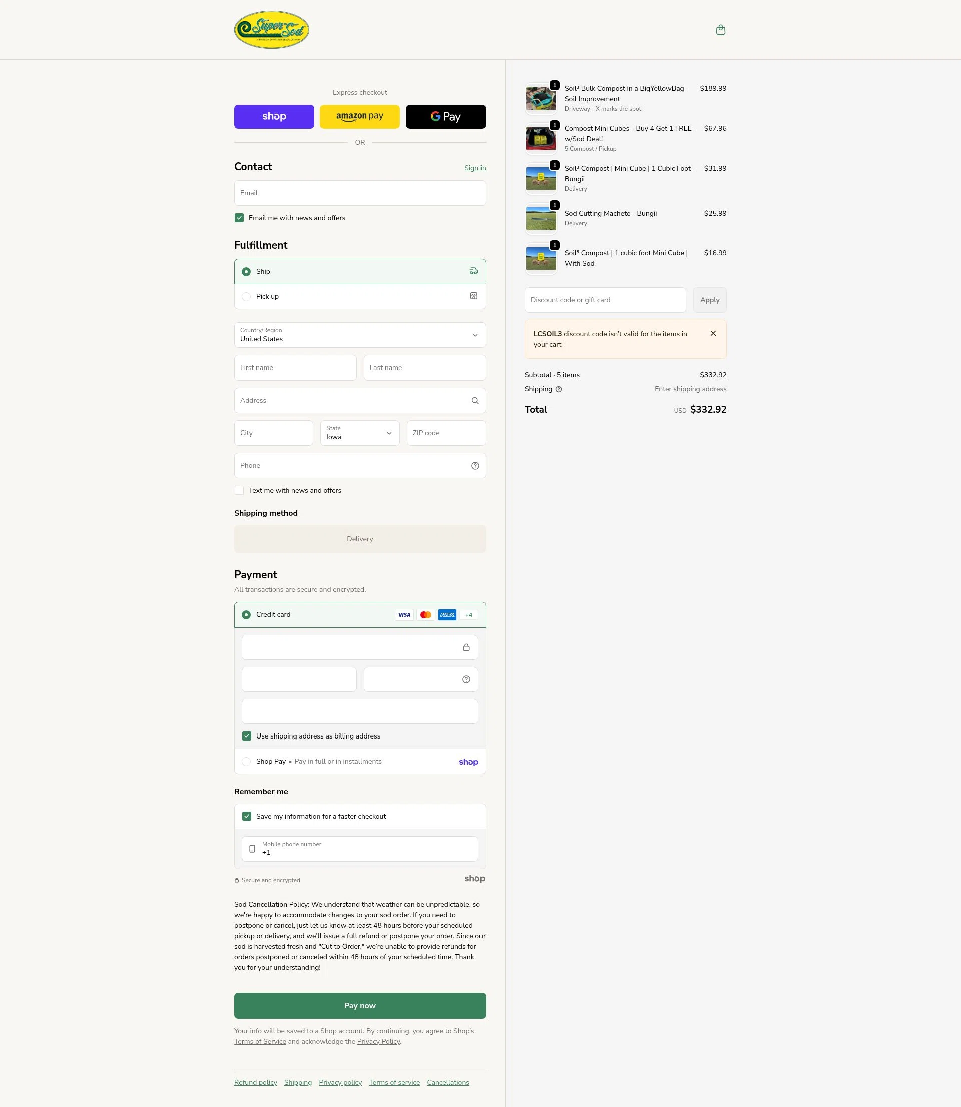 Super-Sod checkout page showing Super-Sod discount code box | Screenshot taken by SimplyCodes community member on Jan 23, 2026