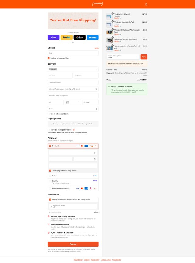 Superspace checkout page showing Superspace discount code box | Screenshot taken by SimplyCodes community member on Sep 3, 2025