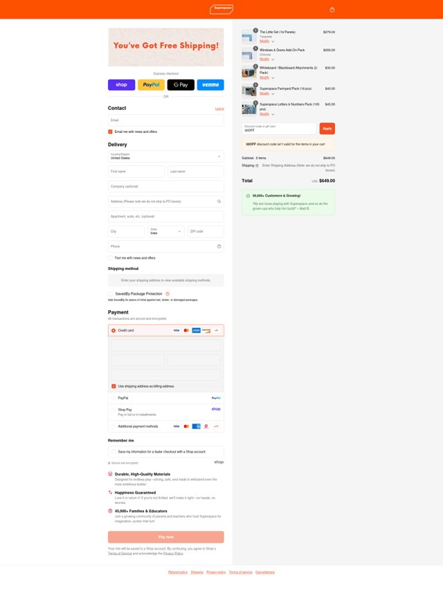 Superspace checkout page showing Superspace discount code box | Screenshot taken by SimplyCodes community member on Sep 7, 2025