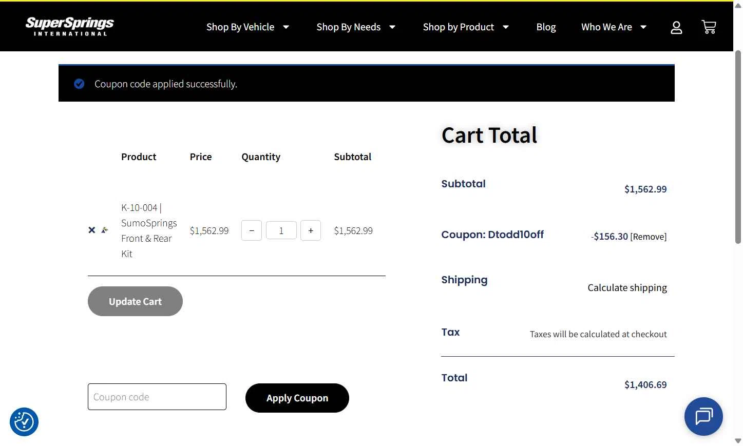 SuperSprings International checkout page showing SuperSprings International coupon code box | Screenshot taken by SimplyCodes community member on Jan 28, 2026