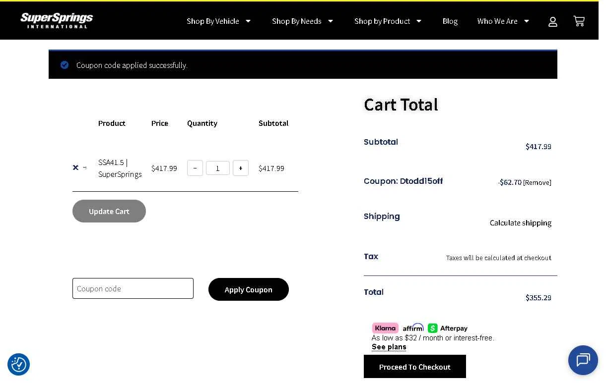 SuperSprings International checkout page showing SuperSprings International coupon code box | Screenshot taken by SimplyCodes community member on Jan 9, 2026