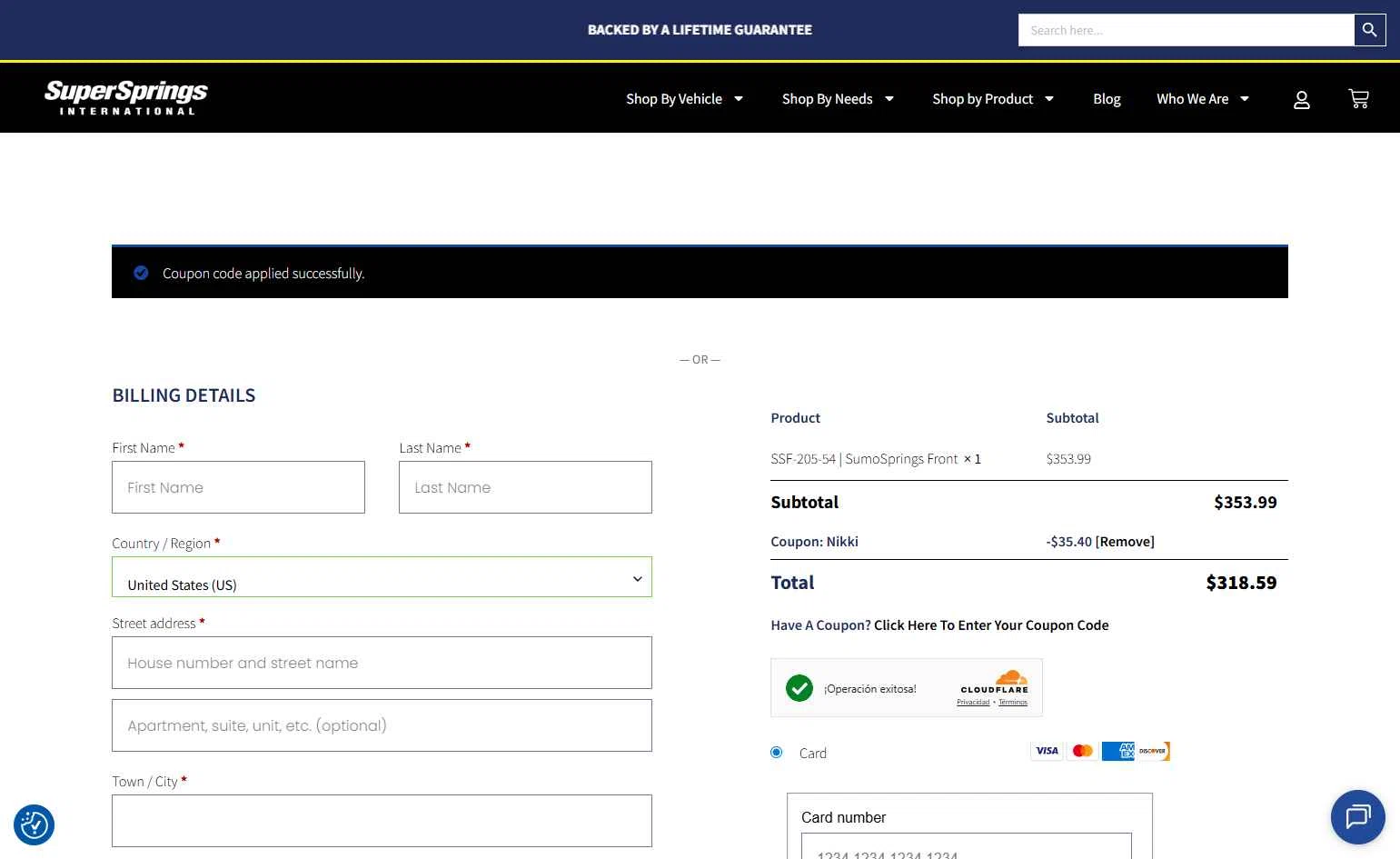 SuperSprings International checkout page showing SuperSprings International coupon code box | Screenshot taken by SimplyCodes community member on Jan 15, 2026