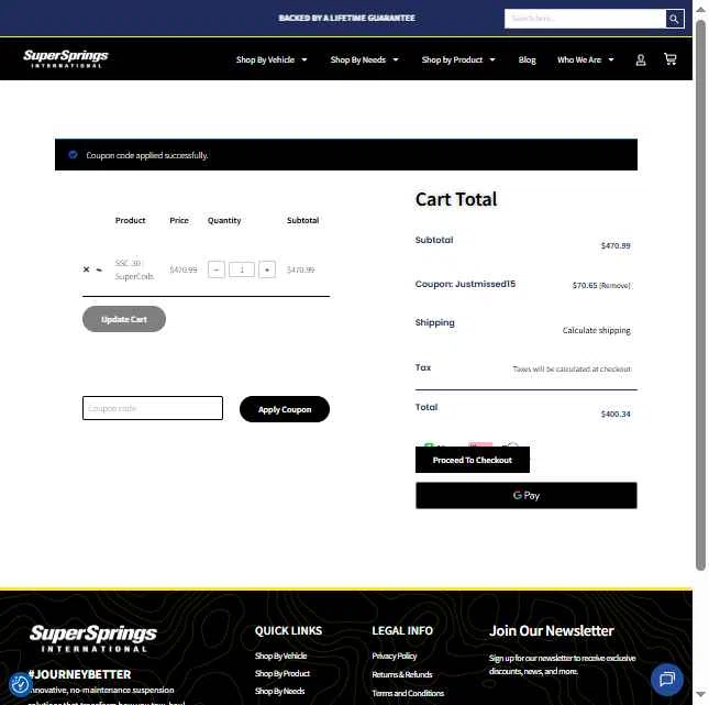 SuperSprings International checkout page showing SuperSprings International coupon code box | Screenshot taken by SimplyCodes community member on Feb 9, 2026