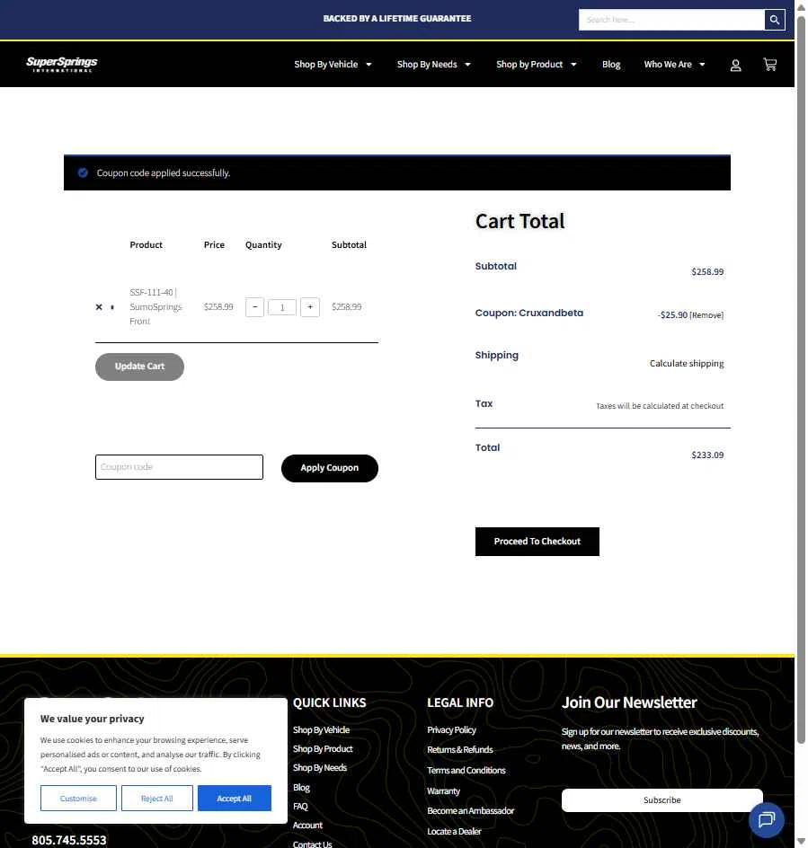SuperSprings International checkout page showing SuperSprings International coupon code box | Screenshot taken by SimplyCodes community member on Feb 2, 2026