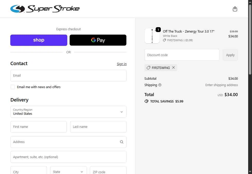 Super Strokeusa USA checkout page showing Super Strokeusa USA promo code box | Screenshot taken by SimplyCodes community member on Feb 9, 2026